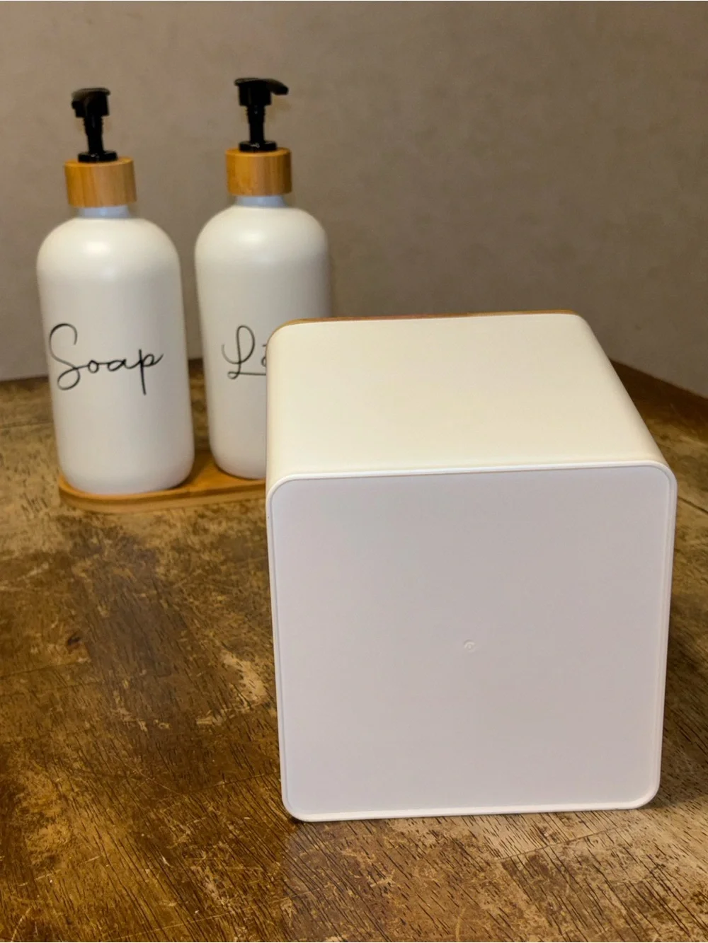 Modern Bamboo Bathroom Set Soap Lotion Dispensers Tissue Box White 3 Pc